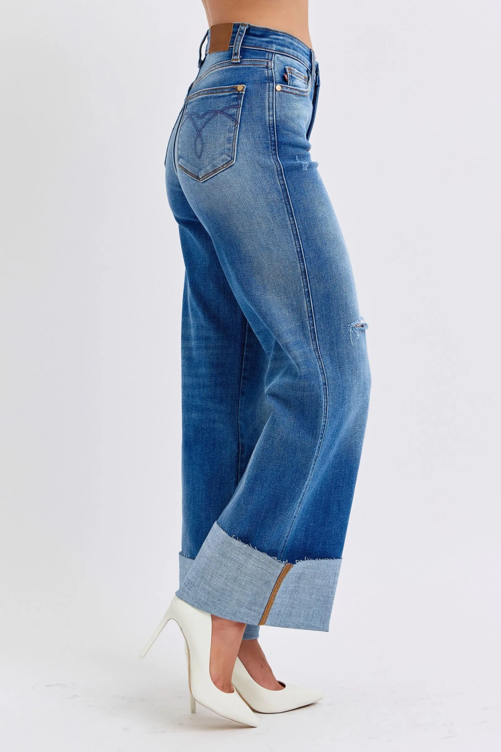 Distressed High-Waist Wide Leg Jeans with Cuffed Hem – Vintage Blue Wash