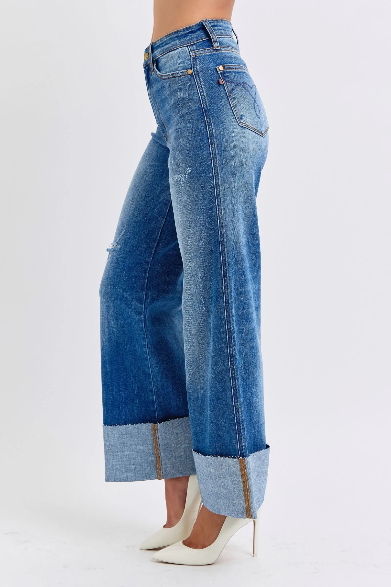 Distressed High-Waist Wide Leg Jeans with Cuffed Hem – Vintage Blue Wash
