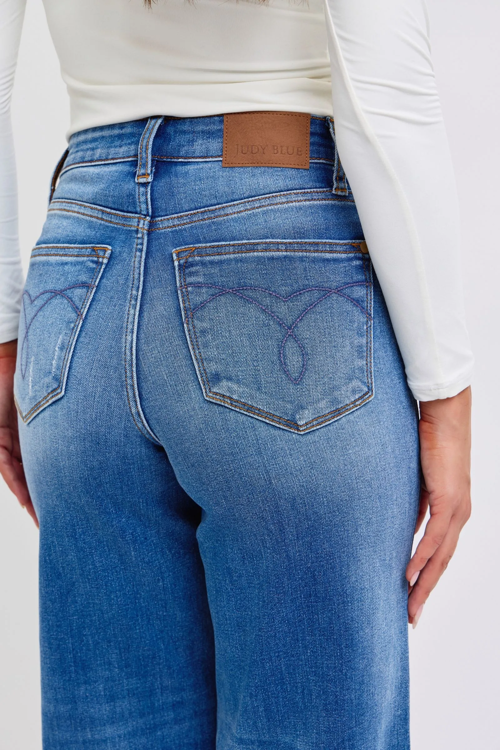 Distressed High-Waist Wide Leg Jeans with Cuffed Hem – Vintage Blue Wash
