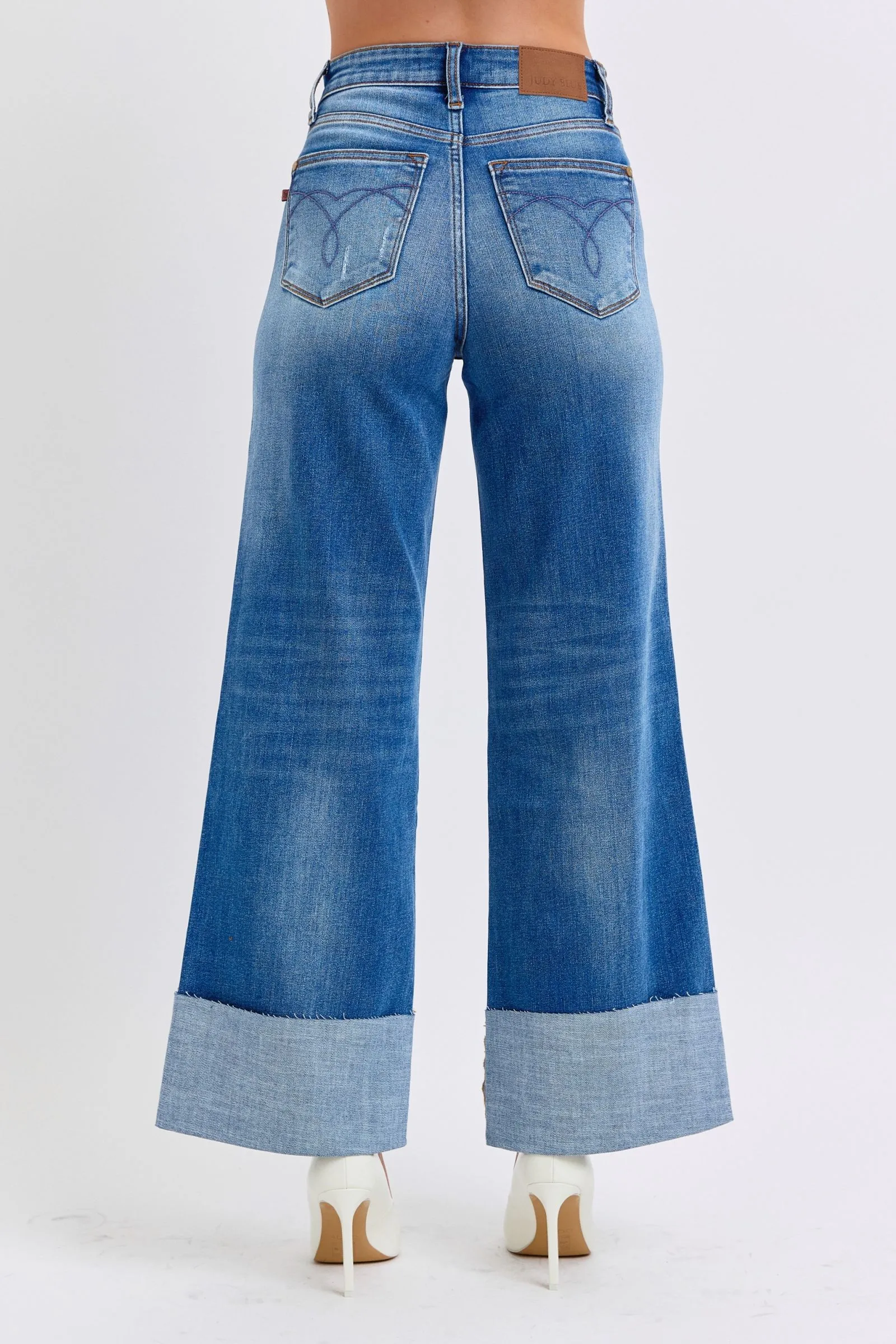 Distressed High-Waist Wide Leg Jeans with Cuffed Hem – Vintage Blue Wash