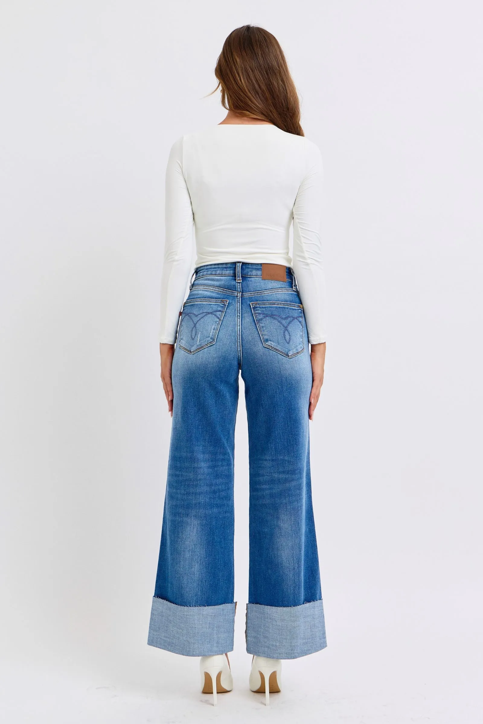 Distressed High-Waist Wide Leg Jeans with Cuffed Hem – Vintage Blue Wash