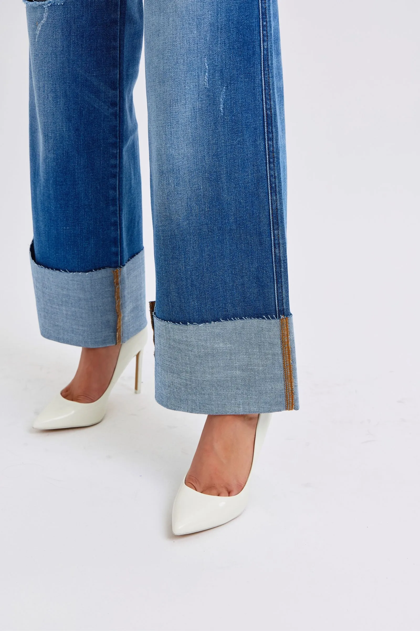 Distressed High-Waist Wide Leg Jeans with Cuffed Hem – Vintage Blue Wash