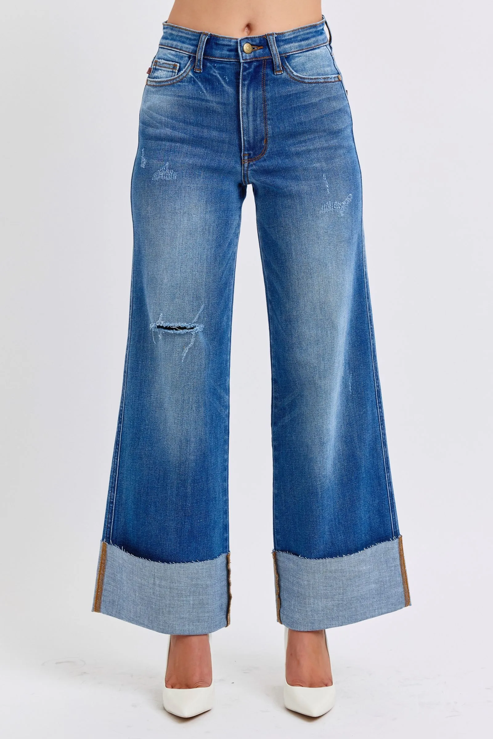 Distressed High-Waist Wide Leg Jeans with Cuffed Hem – Vintage Blue Wash
