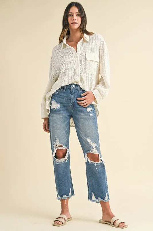 Distressed Raw Hem Cropped Jeans – Vintage-Inspired Straight Leg Denim