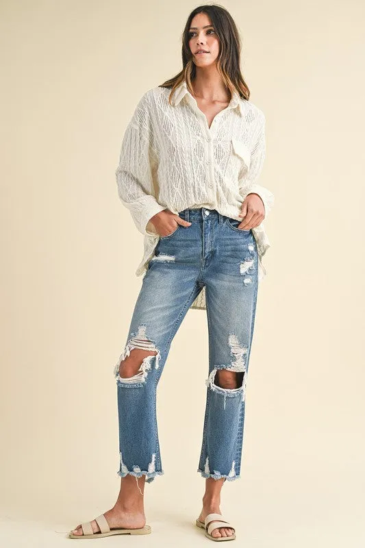 Distressed Raw Hem Cropped Jeans – Vintage-Inspired Straight Leg Denim
