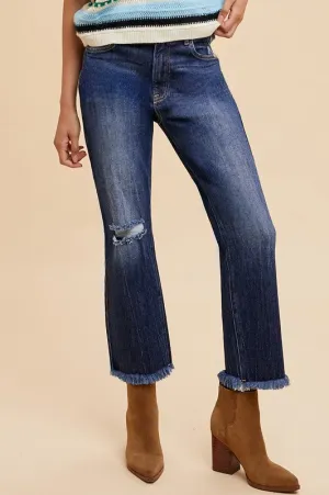 Distressed Raw Hem Cropped Straight-Leg Jeans