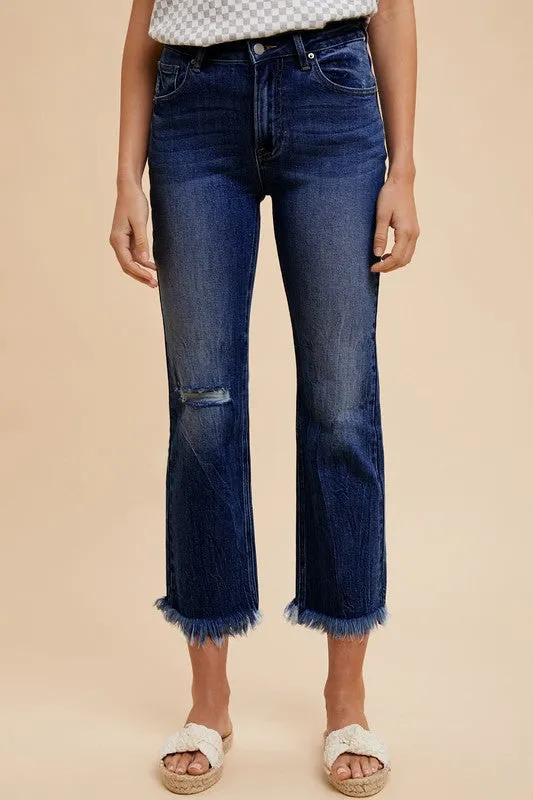 Distressed Raw Hem Cropped Straight-Leg Jeans