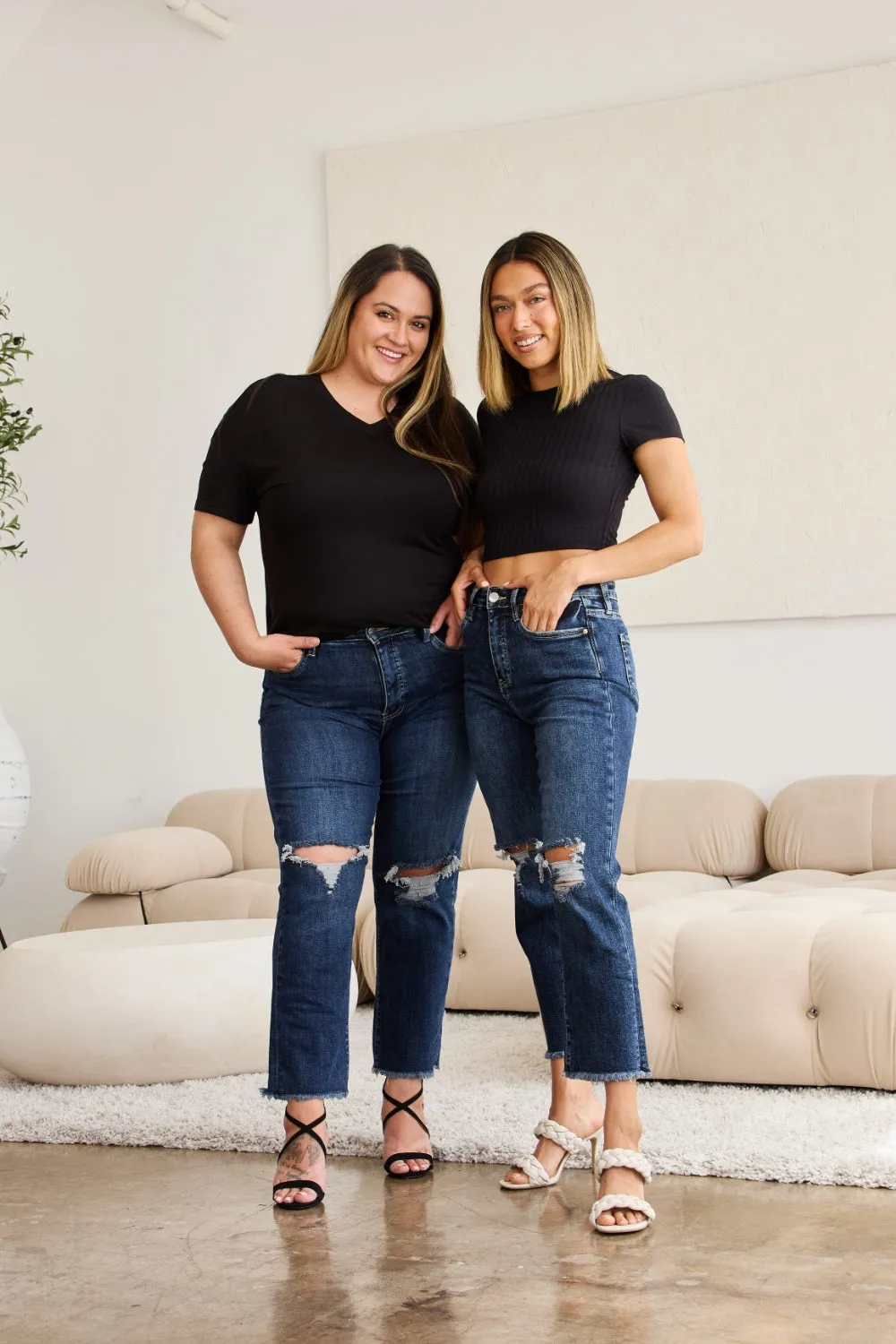 Dylan Tummy Control Distressed High-Waist Cropped Jeans | RFM