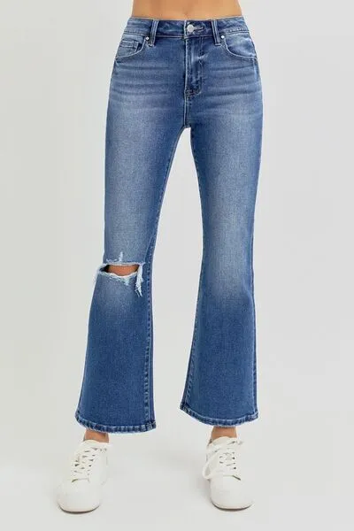 Everlee Distressed High-Rise Cropped Flare Jeans | Risen