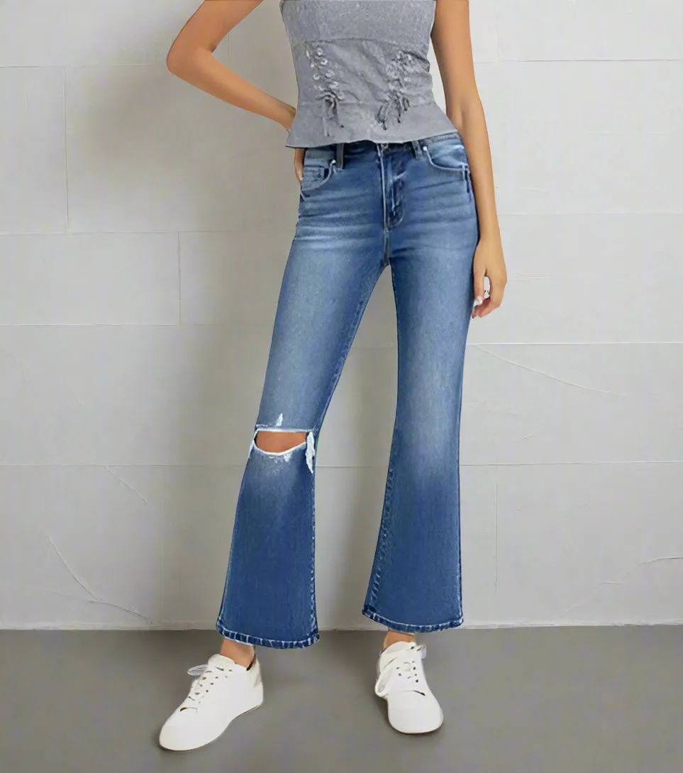 Everlee Distressed High-Rise Cropped Flare Jeans | Risen