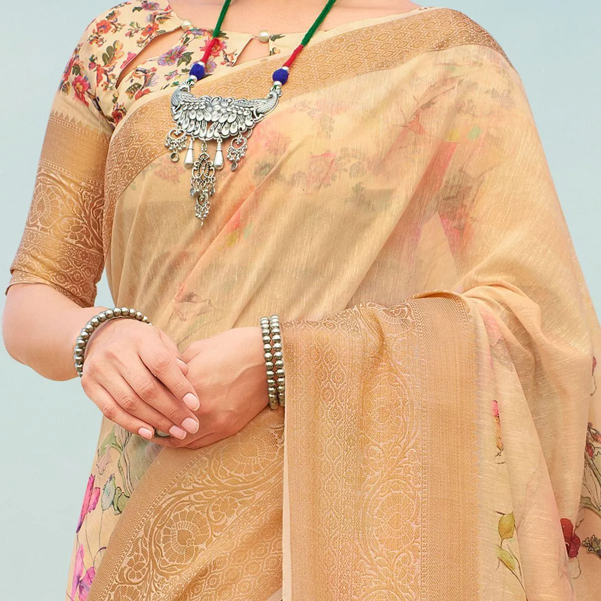 Excellent Beige Colored Festive Wear Digital Floral Printed Linen Saree