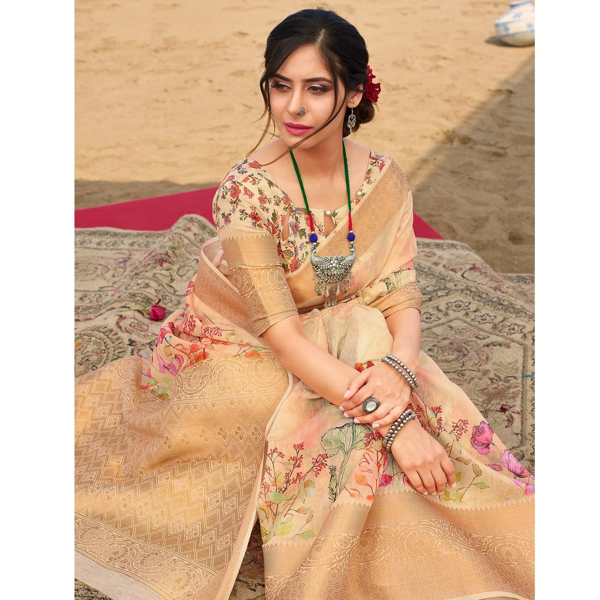 Excellent Beige Colored Festive Wear Digital Floral Printed Linen Saree