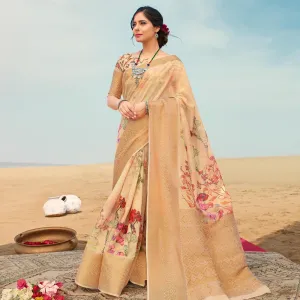 Excellent Beige Colored Festive Wear Digital Floral Printed Linen Saree