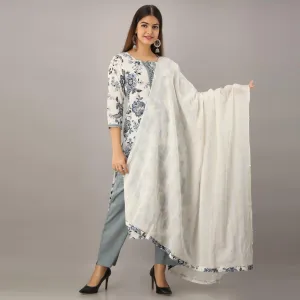 Fantastic White Colored Partywear Printed Cotton Kurti - Palazzo Set With Dupatta
