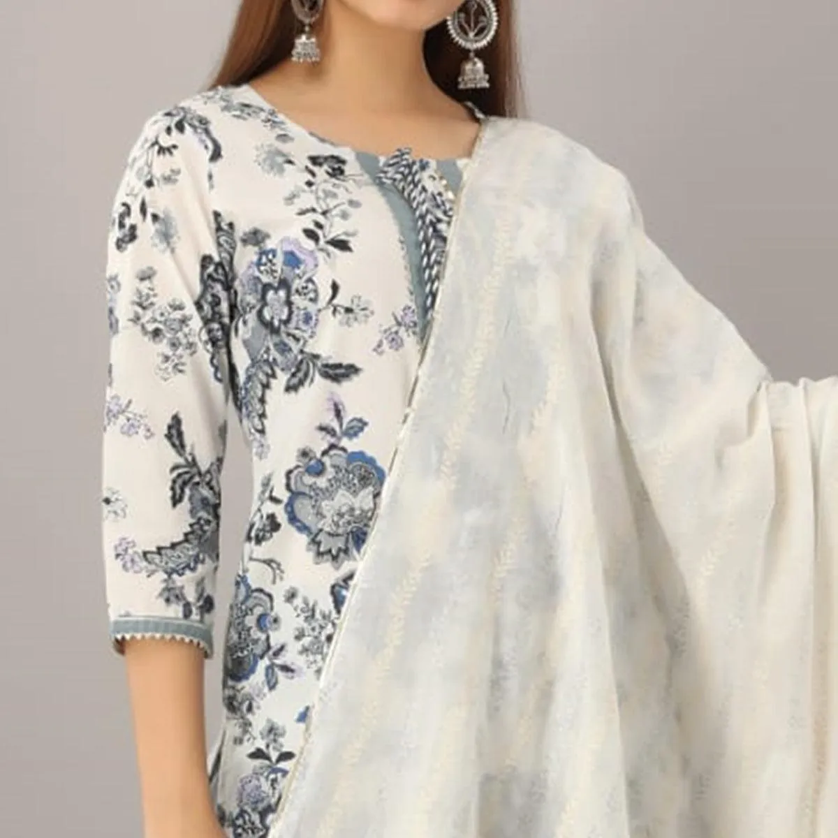 Fantastic White Colored Partywear Printed Cotton Kurti - Palazzo Set With Dupatta