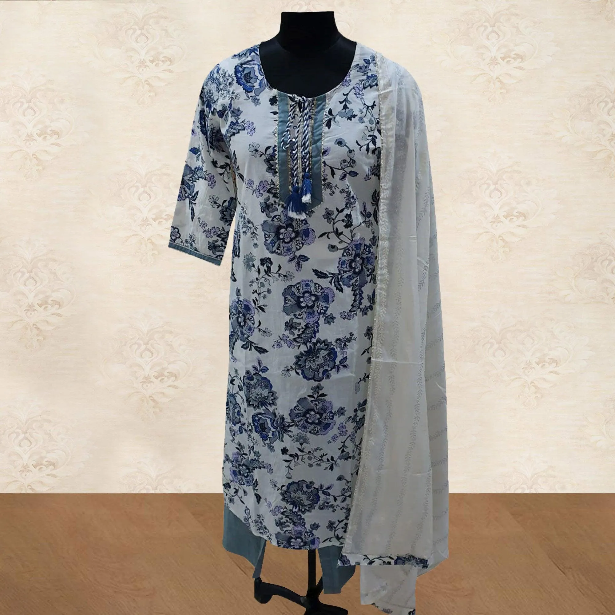 Fantastic White Colored Partywear Printed Cotton Kurti - Palazzo Set With Dupatta
