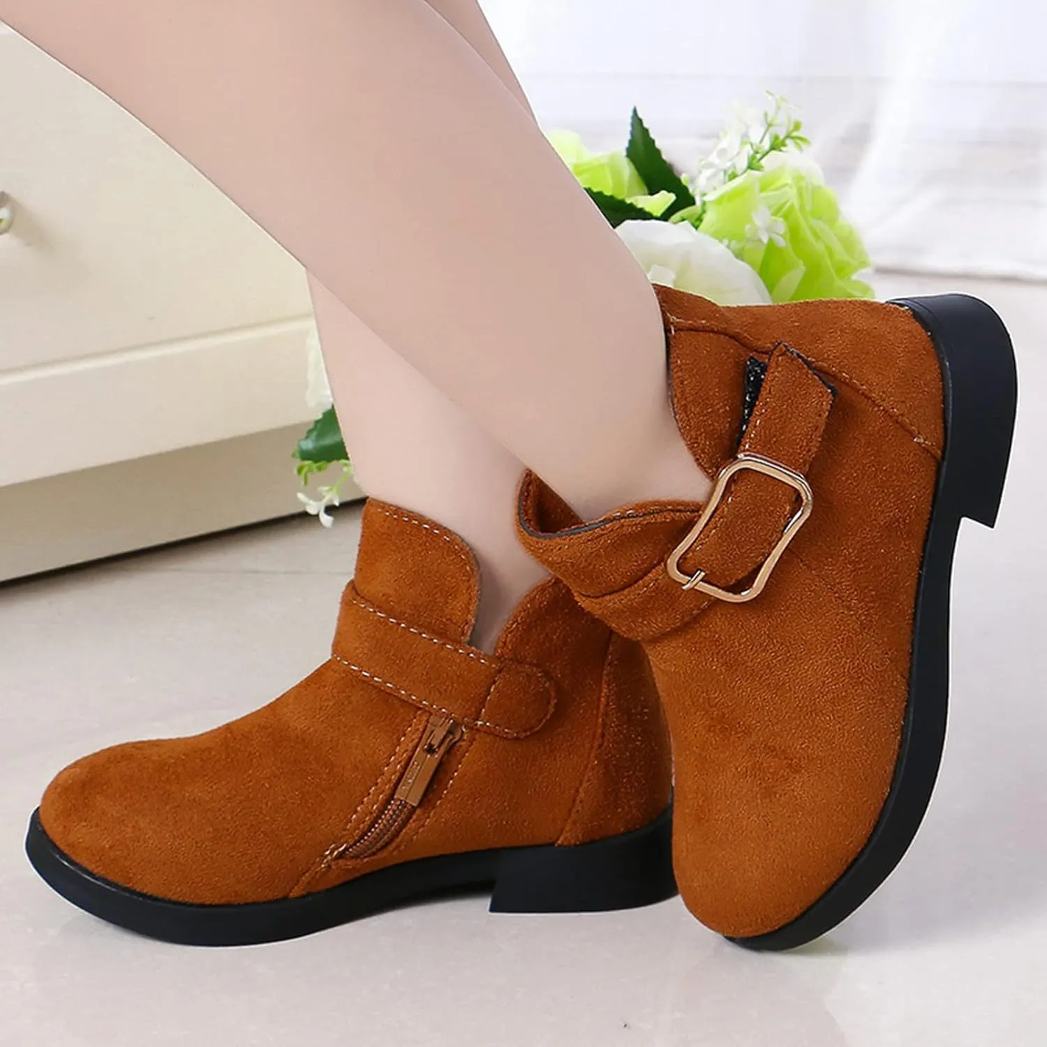 Girl Boots Kids Ankle Boots Warm Side Zipper Boots Low Heel Short Booties Winter Snow Boots Toddler Anti-Slip Shoes