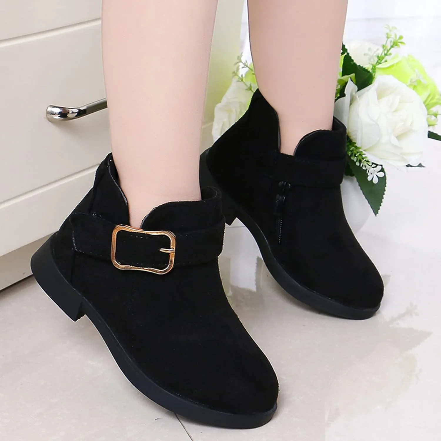 Girl Boots Kids Ankle Boots Warm Side Zipper Boots Low Heel Short Booties Winter Snow Boots Toddler Anti-Slip Shoes