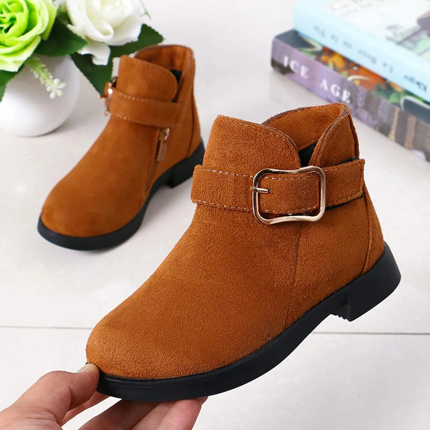 Girl Boots Kids Ankle Boots Warm Side Zipper Boots Low Heel Short Booties Winter Snow Boots Toddler Anti-Slip Shoes