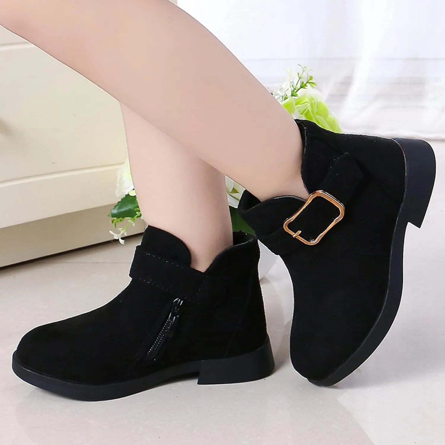 Girl Boots Kids Ankle Boots Warm Side Zipper Boots Low Heel Short Booties Winter Snow Boots Toddler Anti-Slip Shoes