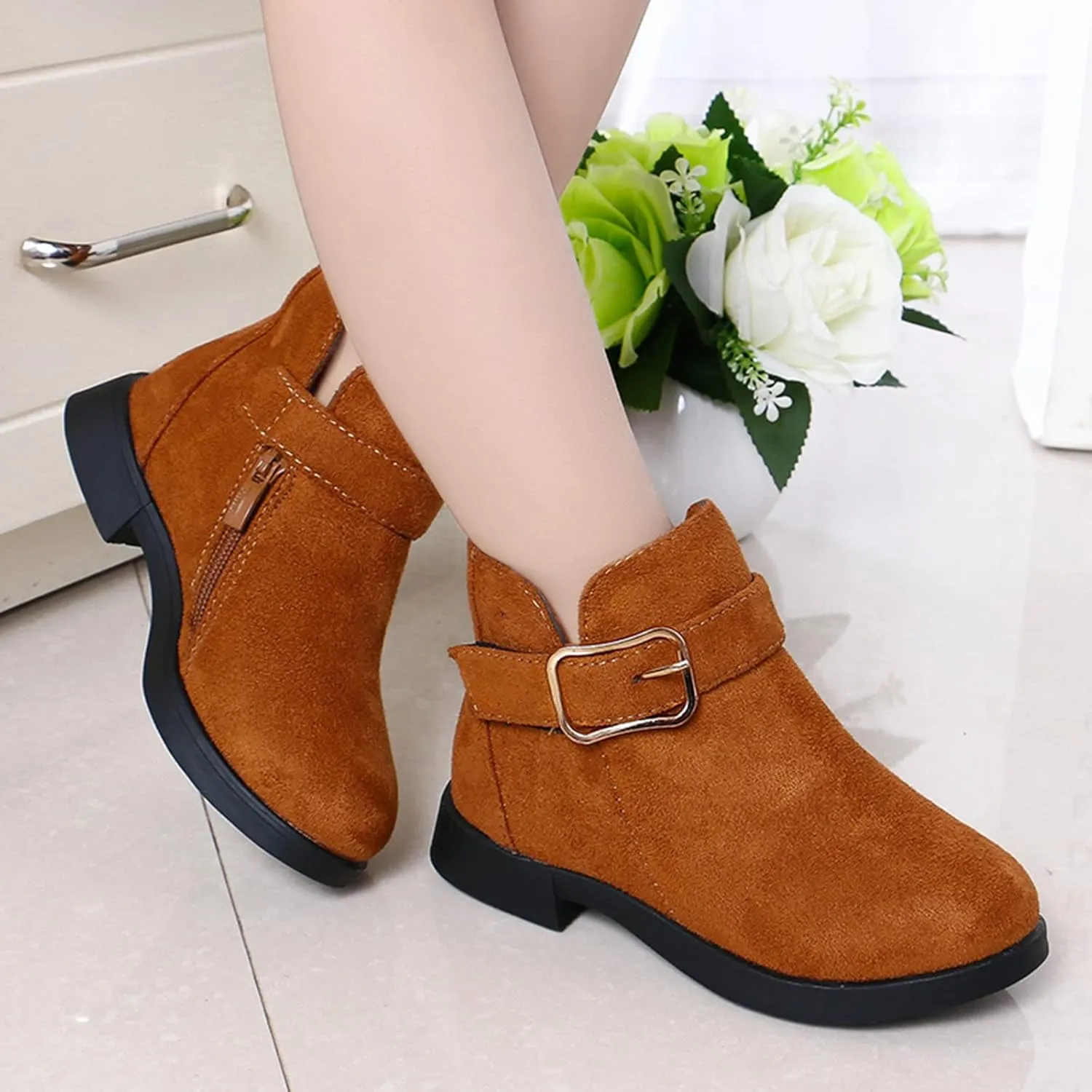Girl Boots Kids Ankle Boots Warm Side Zipper Boots Low Heel Short Booties Winter Snow Boots Toddler Anti-Slip Shoes