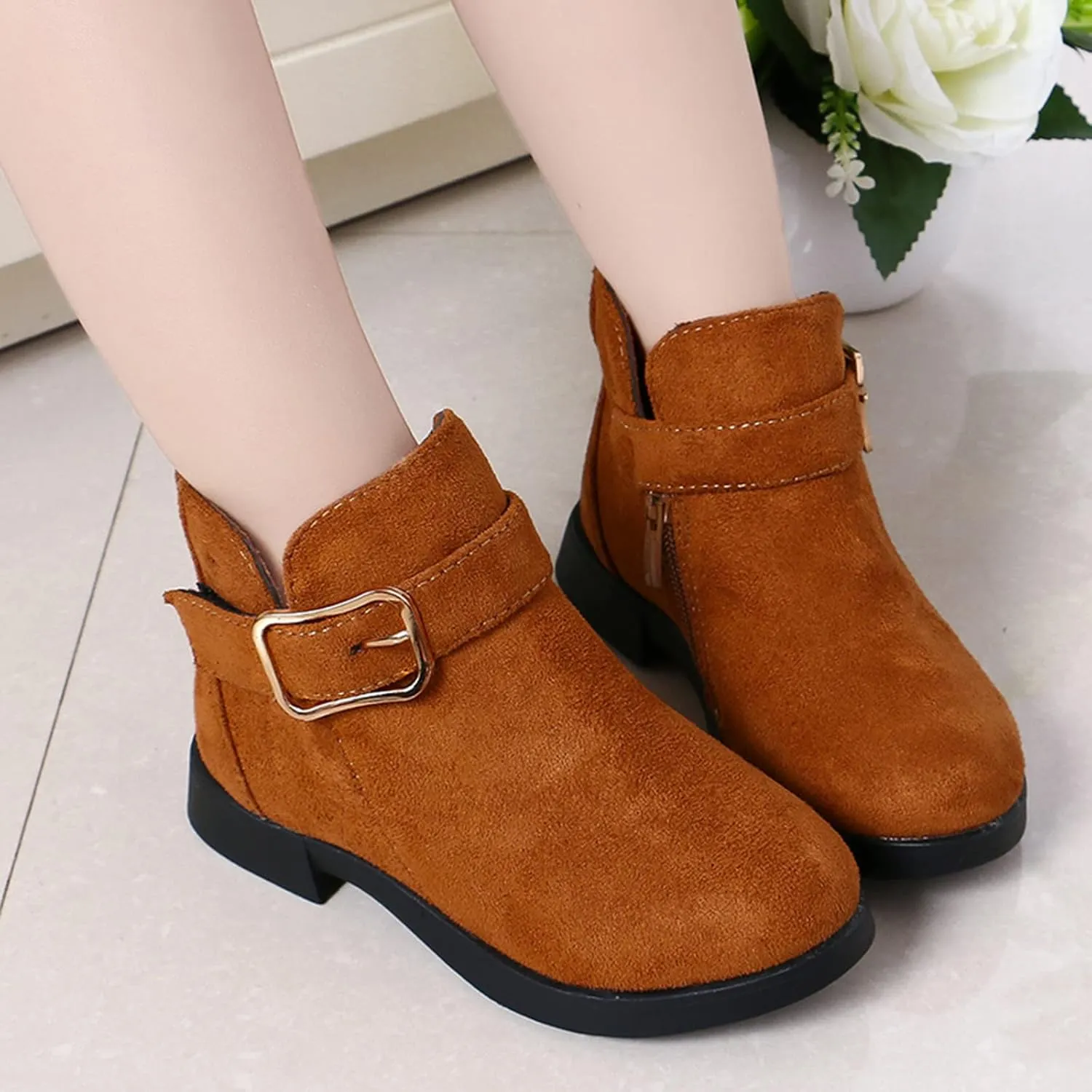 Girl Boots Kids Ankle Boots Warm Side Zipper Boots Low Heel Short Booties Winter Snow Boots Toddler Anti-Slip Shoes