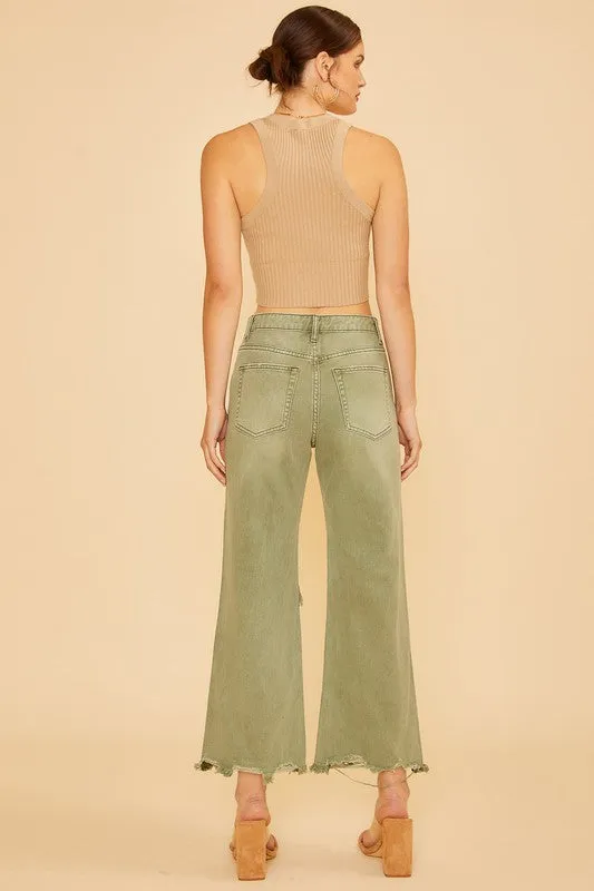 Green Distressed Raw Hem Wide-Leg Jeans