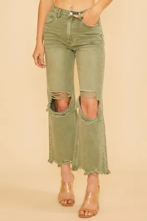 Green Distressed Raw Hem Wide-Leg Jeans
