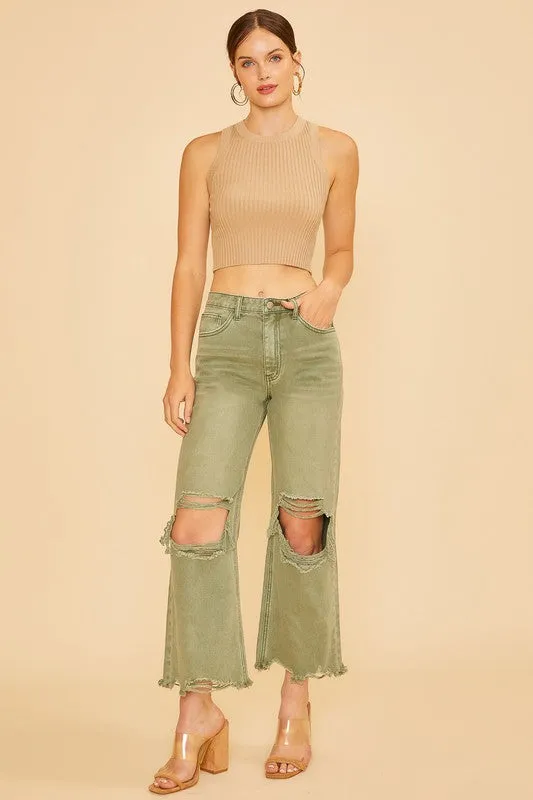 Green Distressed Raw Hem Wide-Leg Jeans