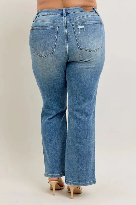 High Waist Vintage Wash Front Seam and Slit Straight Jeans