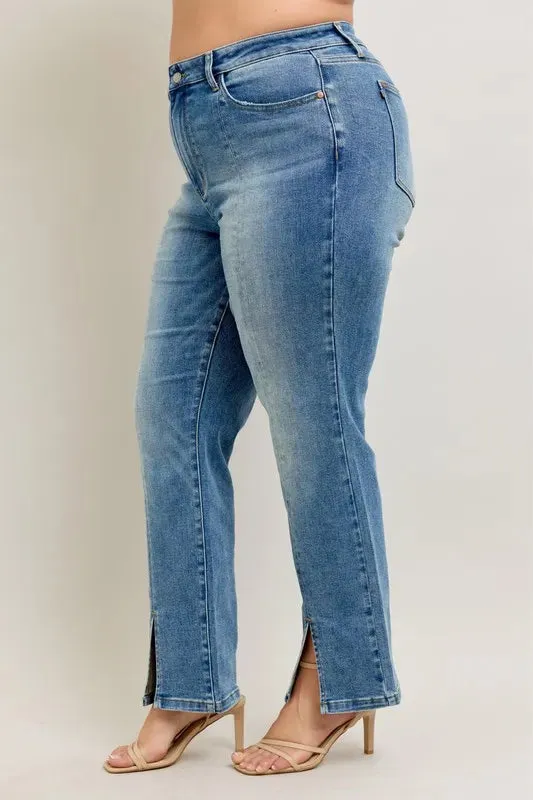 High Waist Vintage Wash Front Seam and Slit Straight Jeans
