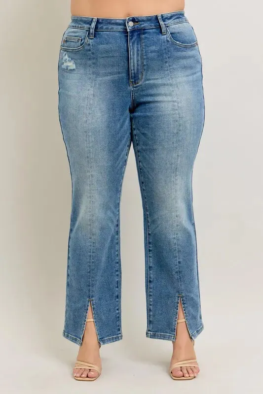 High Waist Vintage Wash Front Seam and Slit Straight Jeans