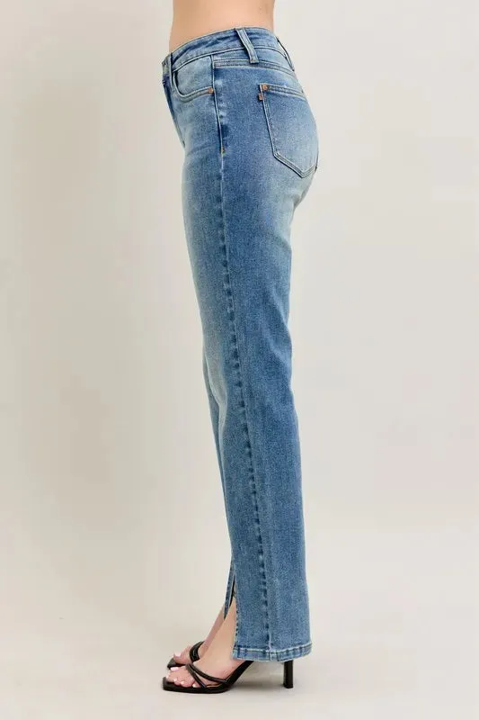 High Waist Vintage Wash Front Seam and Slit Straight Jeans