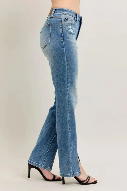 High Waist Vintage Wash Front Seam and Slit Straight Jeans
