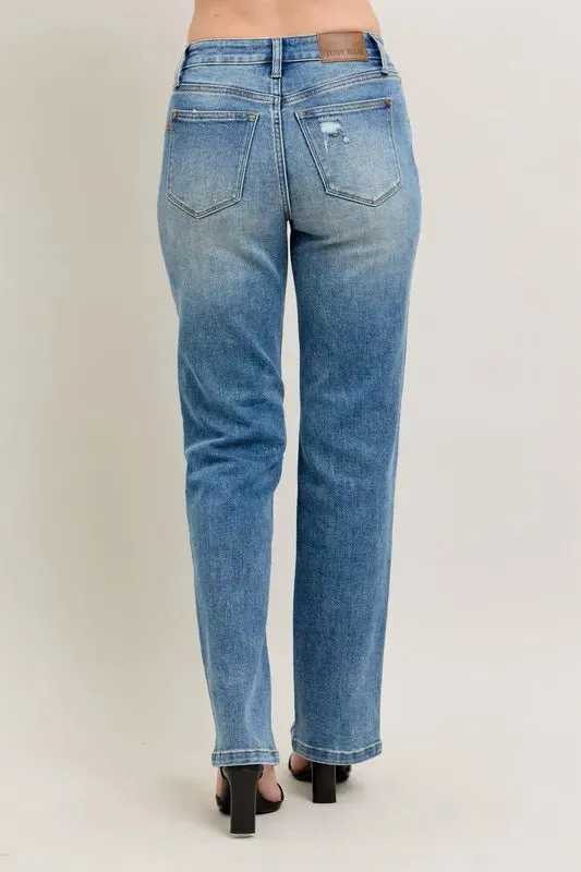 High Waist Vintage Wash Front Seam and Slit Straight Jeans