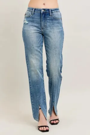 High Waist Vintage Wash Front Seam and Slit Straight Jeans