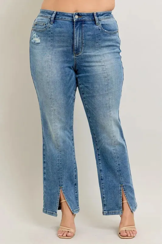 High Waist Vintage Wash Front Seam and Slit Straight Jeans