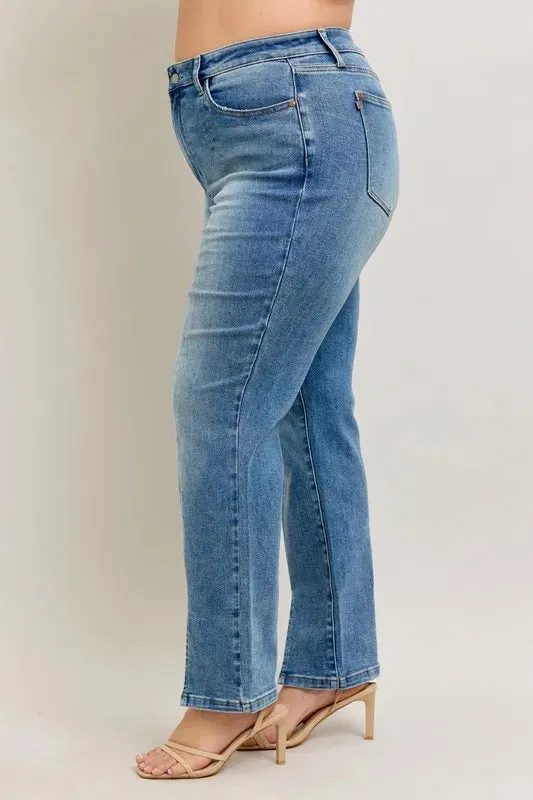 High Waist Vintage Wash Front Seam and Slit Straight Jeans