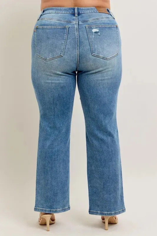 High Waist Vintage Wash Front Seam and Slit Straight Jeans