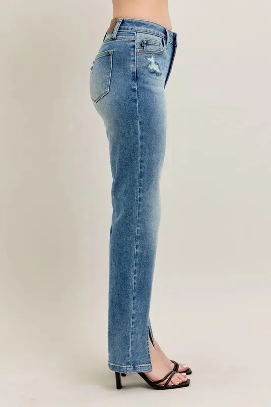 High Waist Vintage Wash Front Seam and Slit Straight Jeans