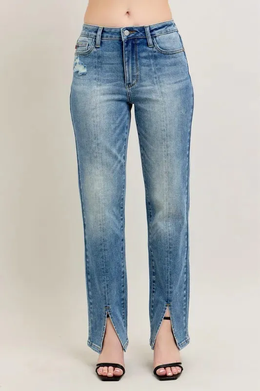 High Waist Vintage Wash Front Seam and Slit Straight Jeans