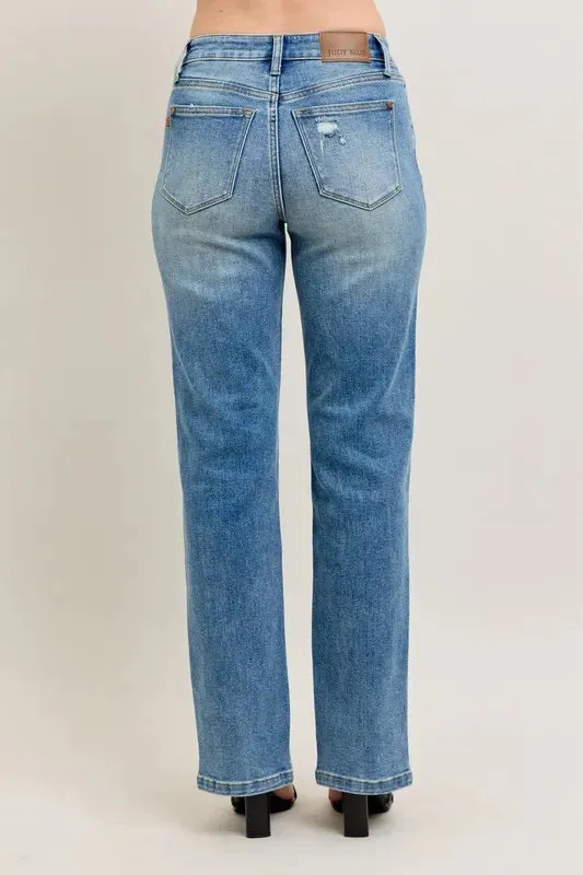 High Waist Vintage Wash Front Seam and Slit Straight Jeans