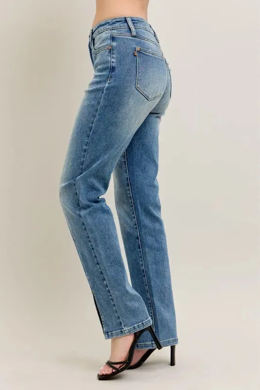 High Waist Vintage Wash Front Seam and Slit Straight Jeans