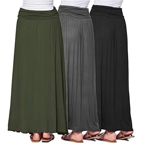 Isaac Liev Women's Maxi Skirt – 3 Pack High Waisted Ruched Fold Over Elastic Waistband Flowy Long Length Skirts Made in USA