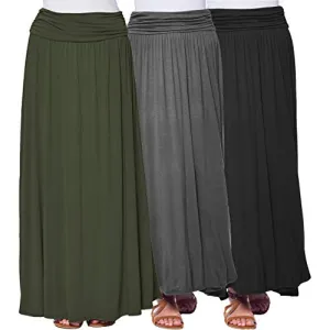 Isaac Liev Women's Maxi Skirt – 3 Pack High Waisted Ruched Fold Over Elastic Waistband Flowy Long Length Skirts Made in USA