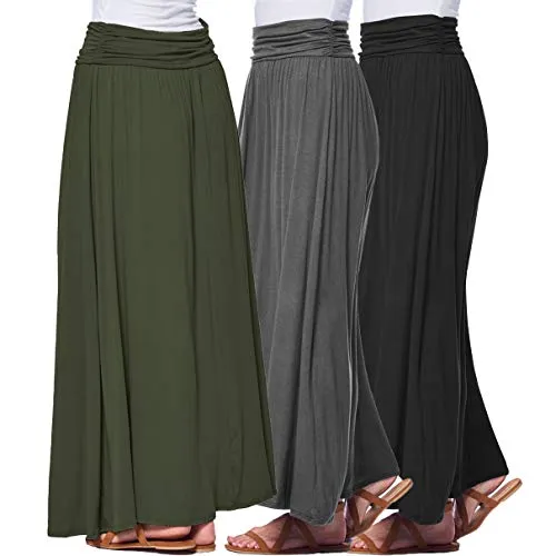 Isaac Liev Women's Maxi Skirt – 3 Pack High Waisted Ruched Fold Over Elastic Waistband Flowy Long Length Skirts Made in USA