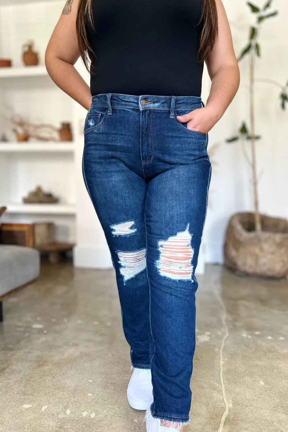 Judy Blue* Dark Rigid Magic Heavy Destroy Straight Jeans