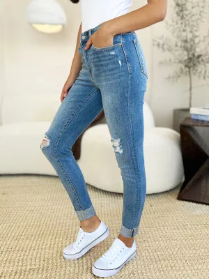 Judy Blue Mid Rise Destroy & Cuff Skinny Jeans - Online Exclusive