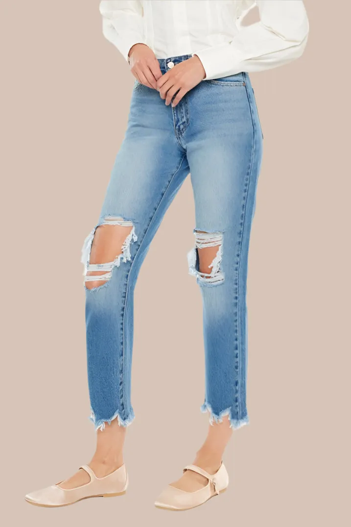 Kancan Distressed Frayed Hem Cropped Jeans