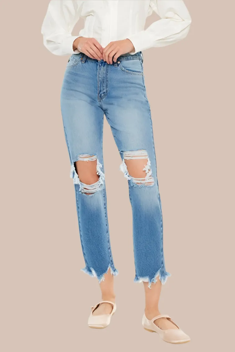 Kancan Distressed Frayed Hem Cropped Jeans